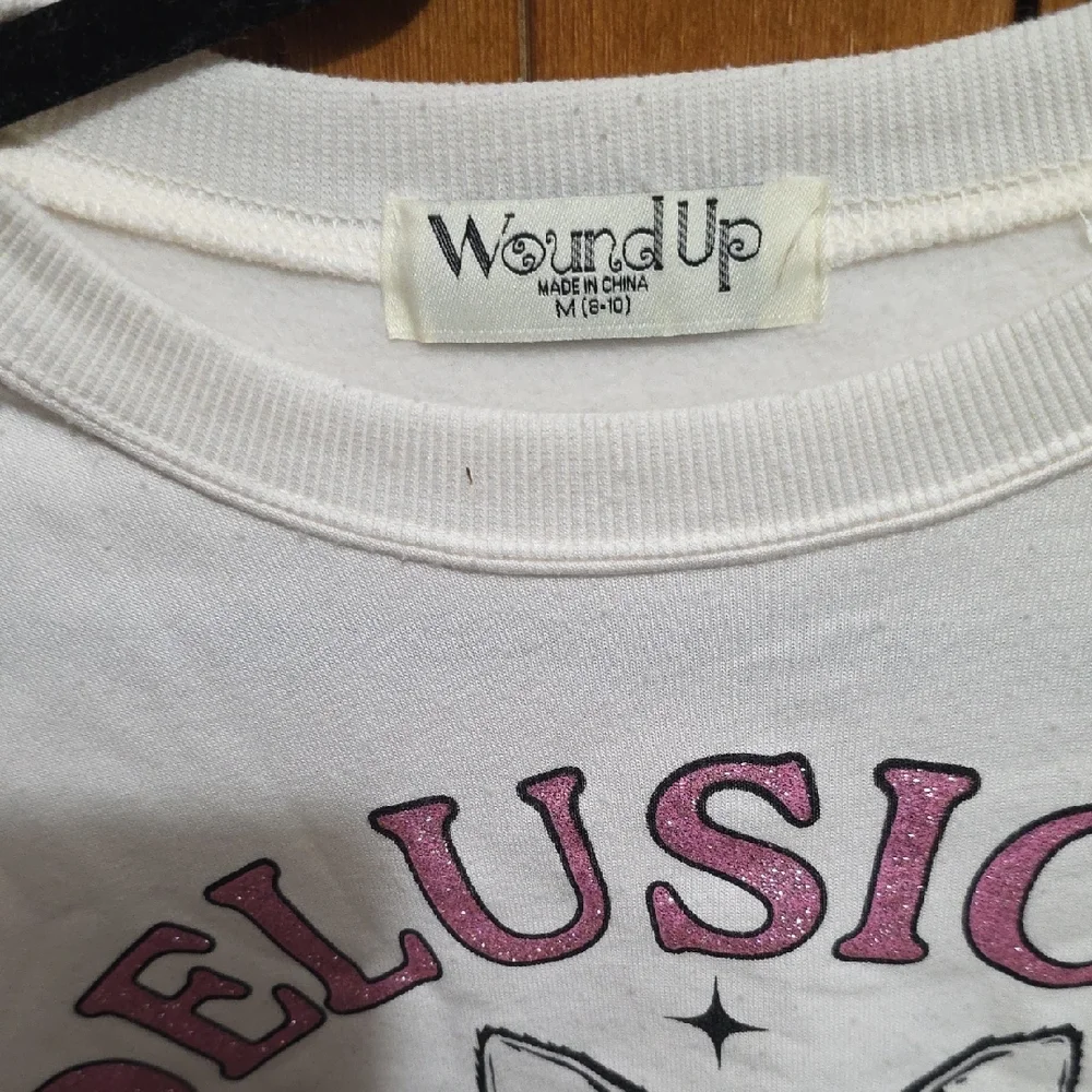 Wound Up White Sweatshirt with Pink Kitten 'Delusions' Graphic